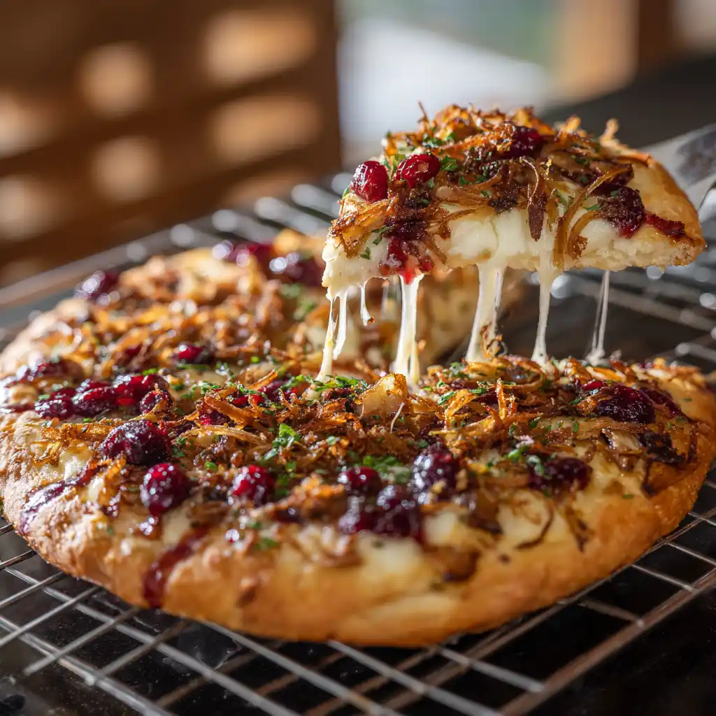 Thanksgiving pizza being sliced with cranberry sauce on top