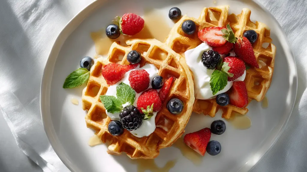 Protein waffle recipe plated with yogurt and berries