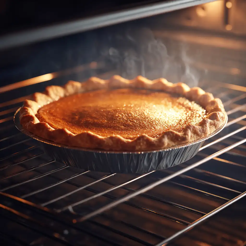 Vegan pumpkin pie with set edges and a glossy center jiggle