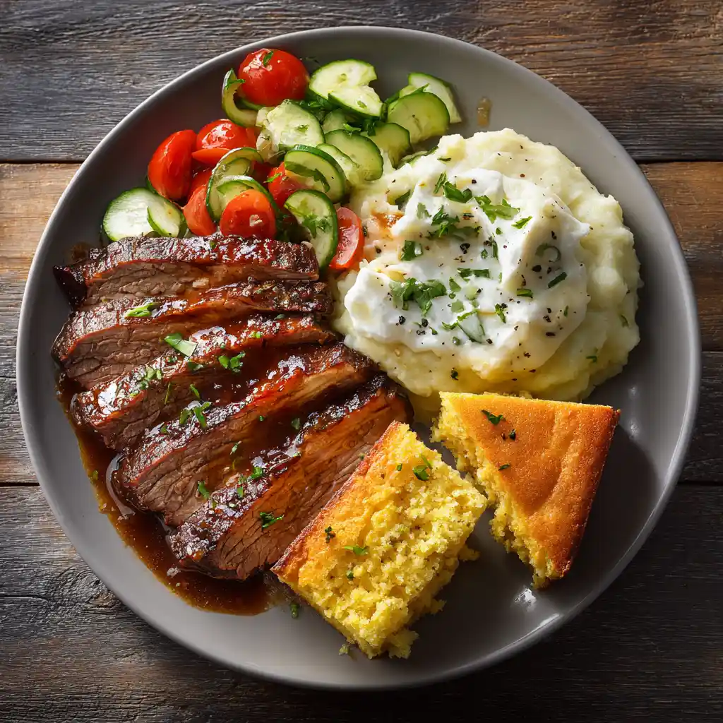 Instant Pot brisket served with mashed potatoes and salad
