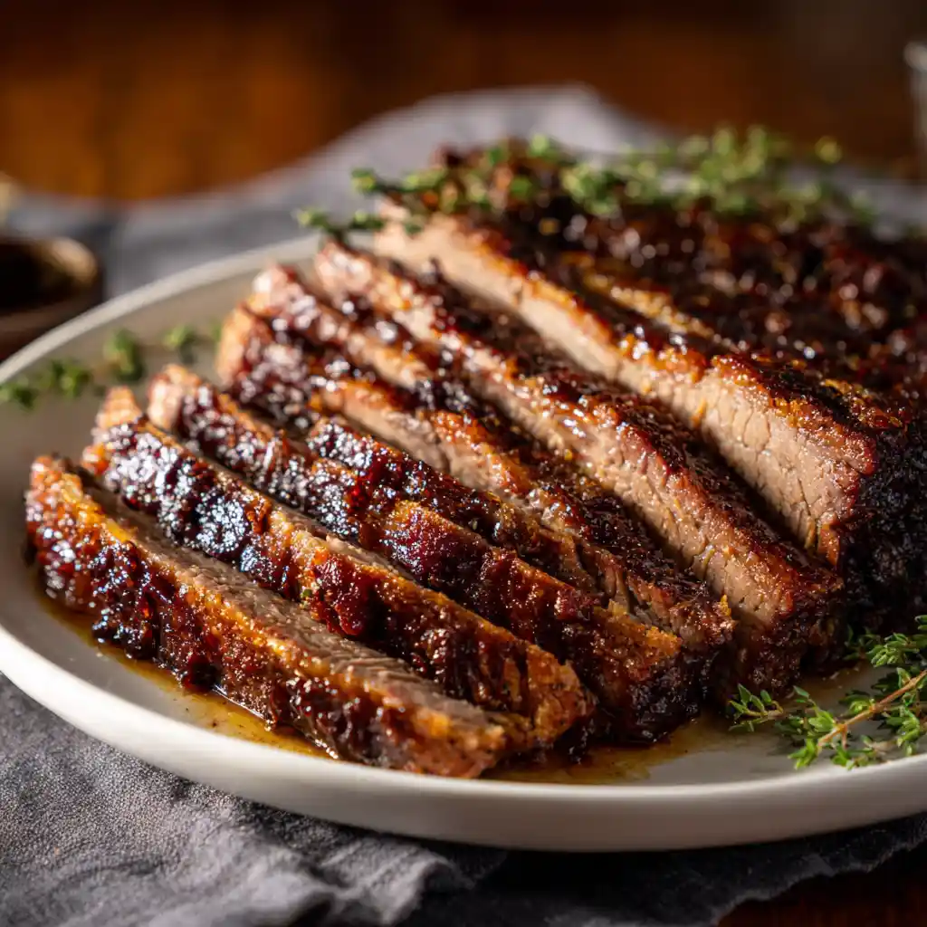 Brisket Instant Pot served in white plate.