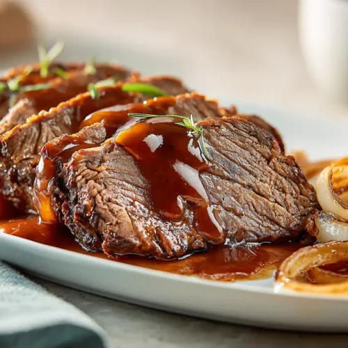 Instant Pot brisket sliced and topped with sauce