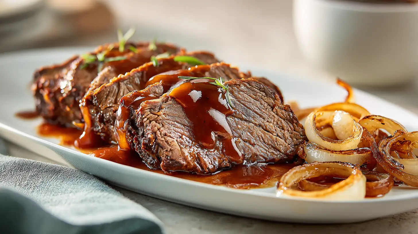 Instant Pot brisket sliced and topped with sauce