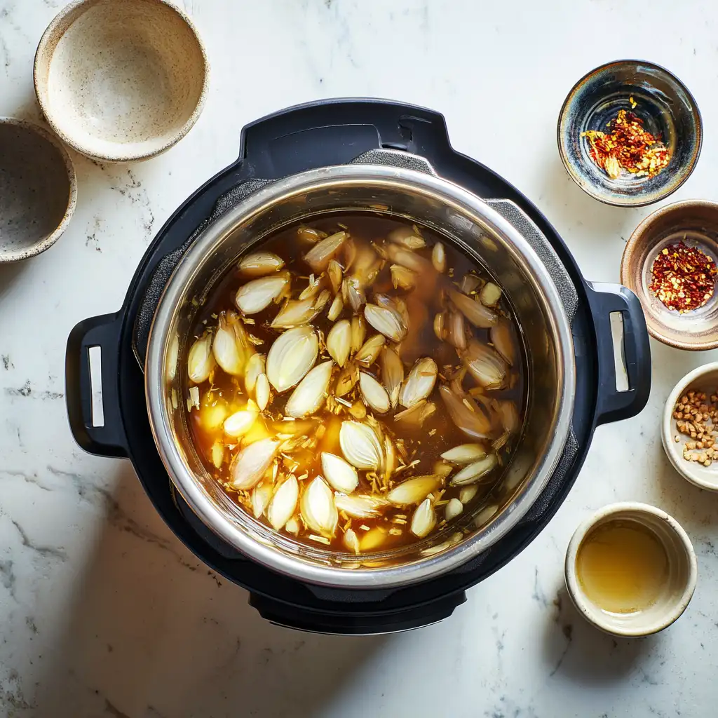 onion wedges, garlic, and broth inside a pressure cooker insert