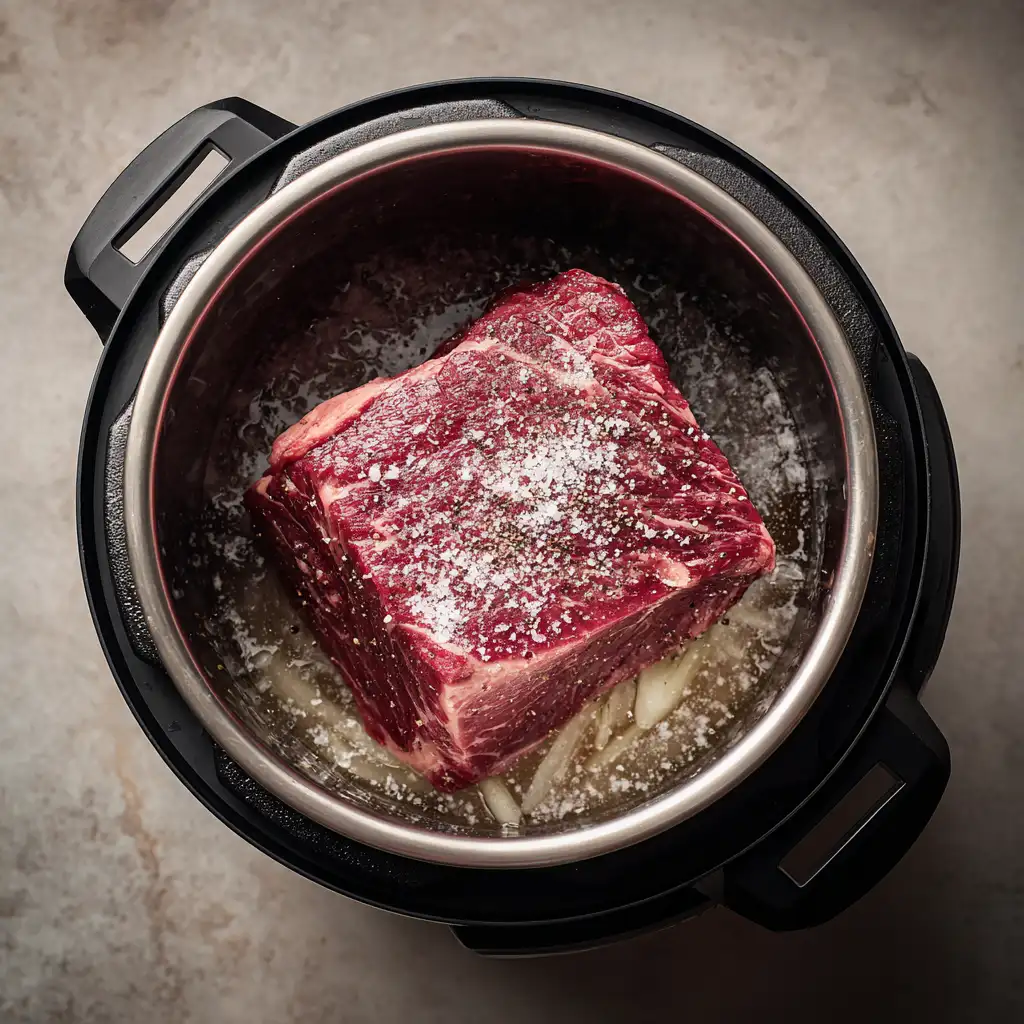 frozen chuck cut placed over onions in stainless steel insert