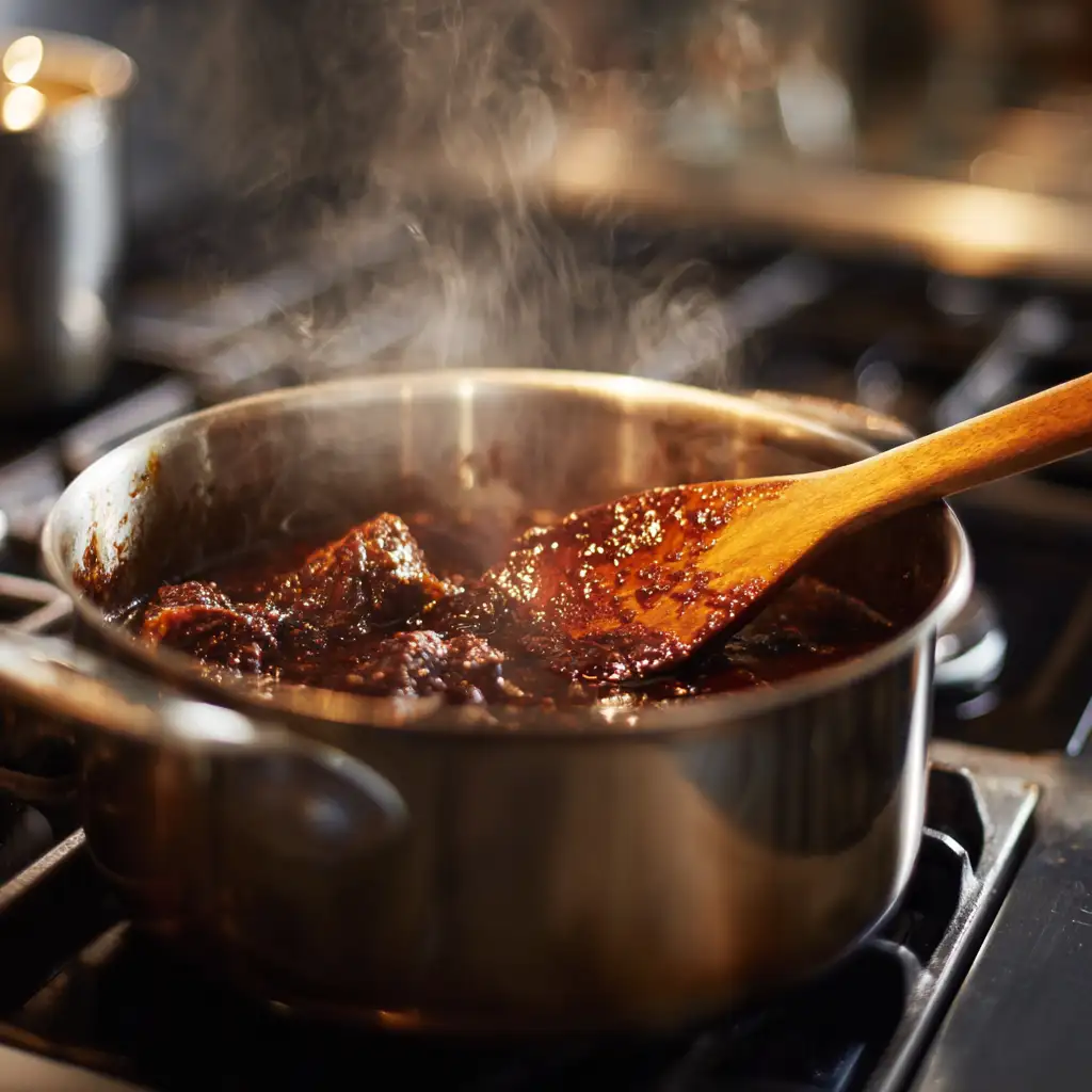 Pot of reduced brisket sauce being stirred