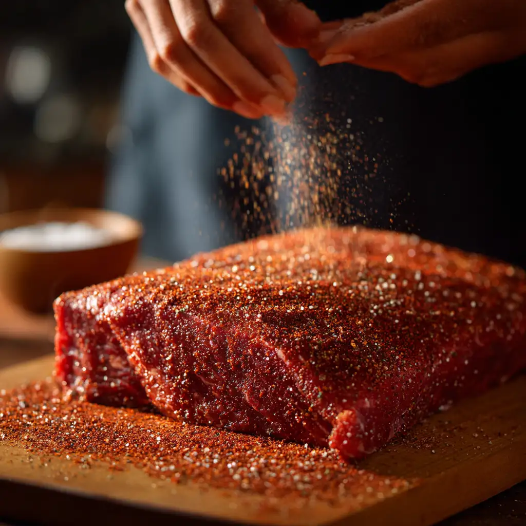 Spice rubbed brisket ready to sear