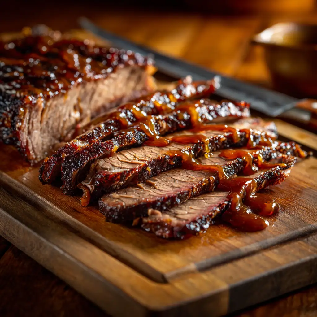 Sliced Instant Pot brisket with pan sauce