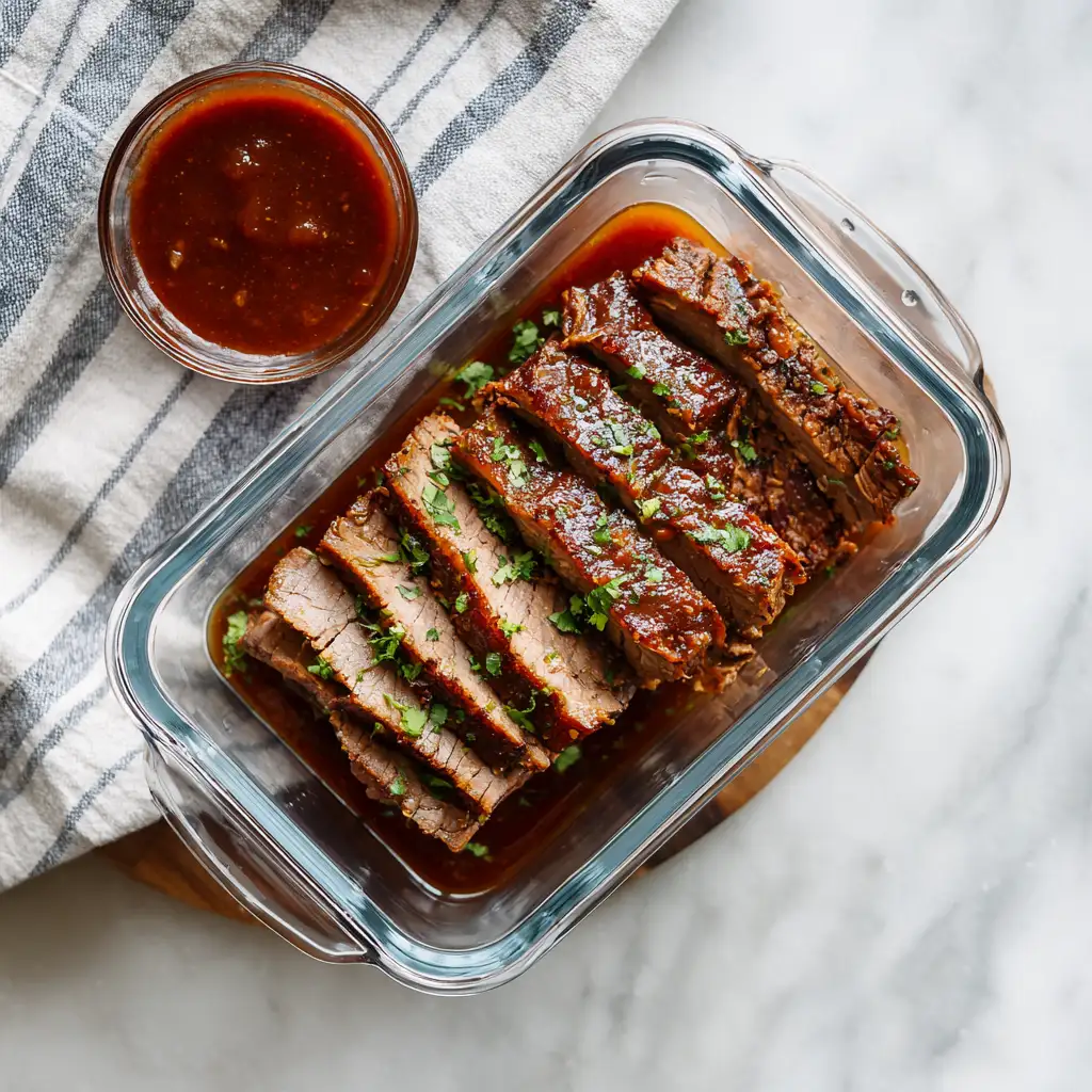 Sliced brisket stored in glass container with sauce