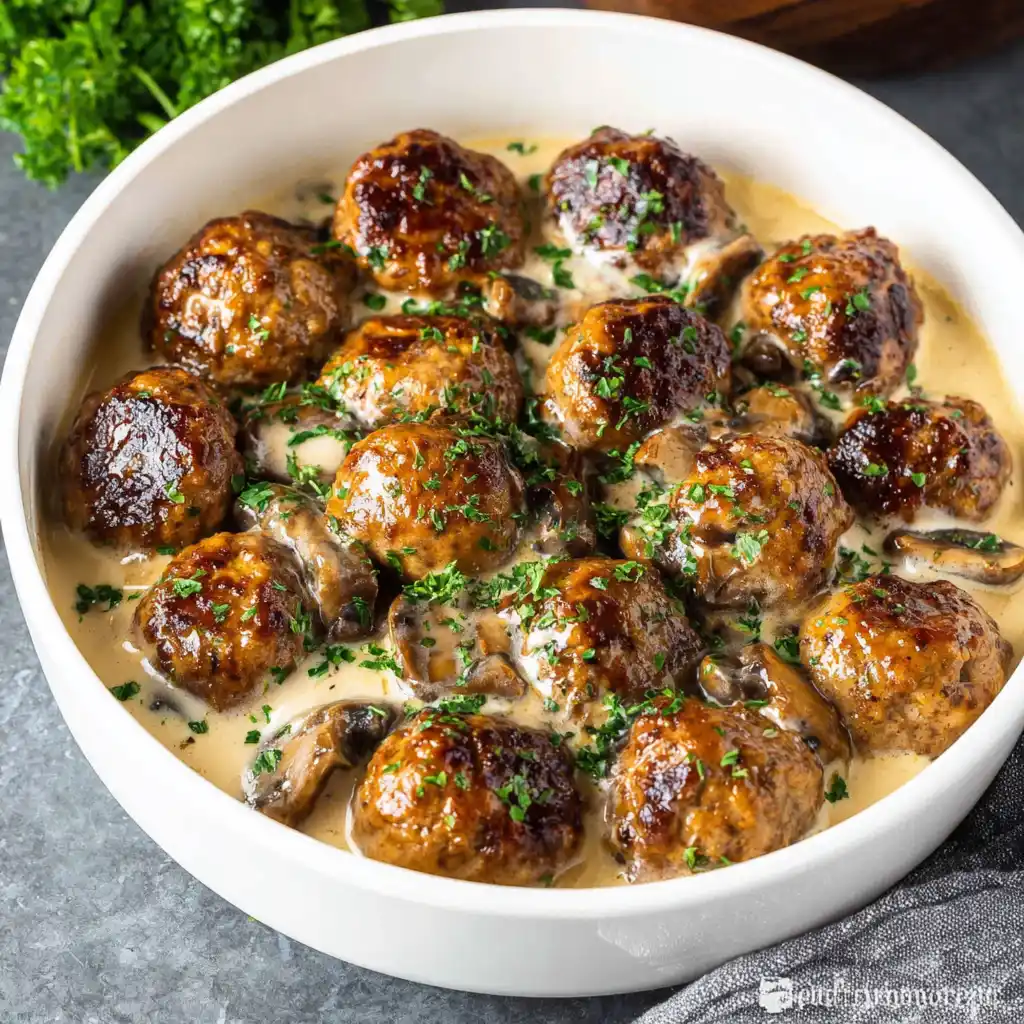 swedish meatballs with frozen meatballs  and creamy gravy in a white bowl