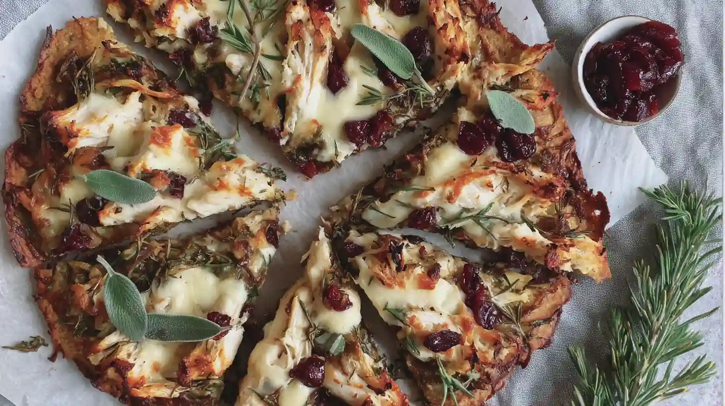 Thanksgiving pizza slice with cranberry drizzle and crispy onions
