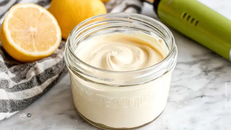 Vegan mayo recipe in a clear jar with lemon and immersion blender