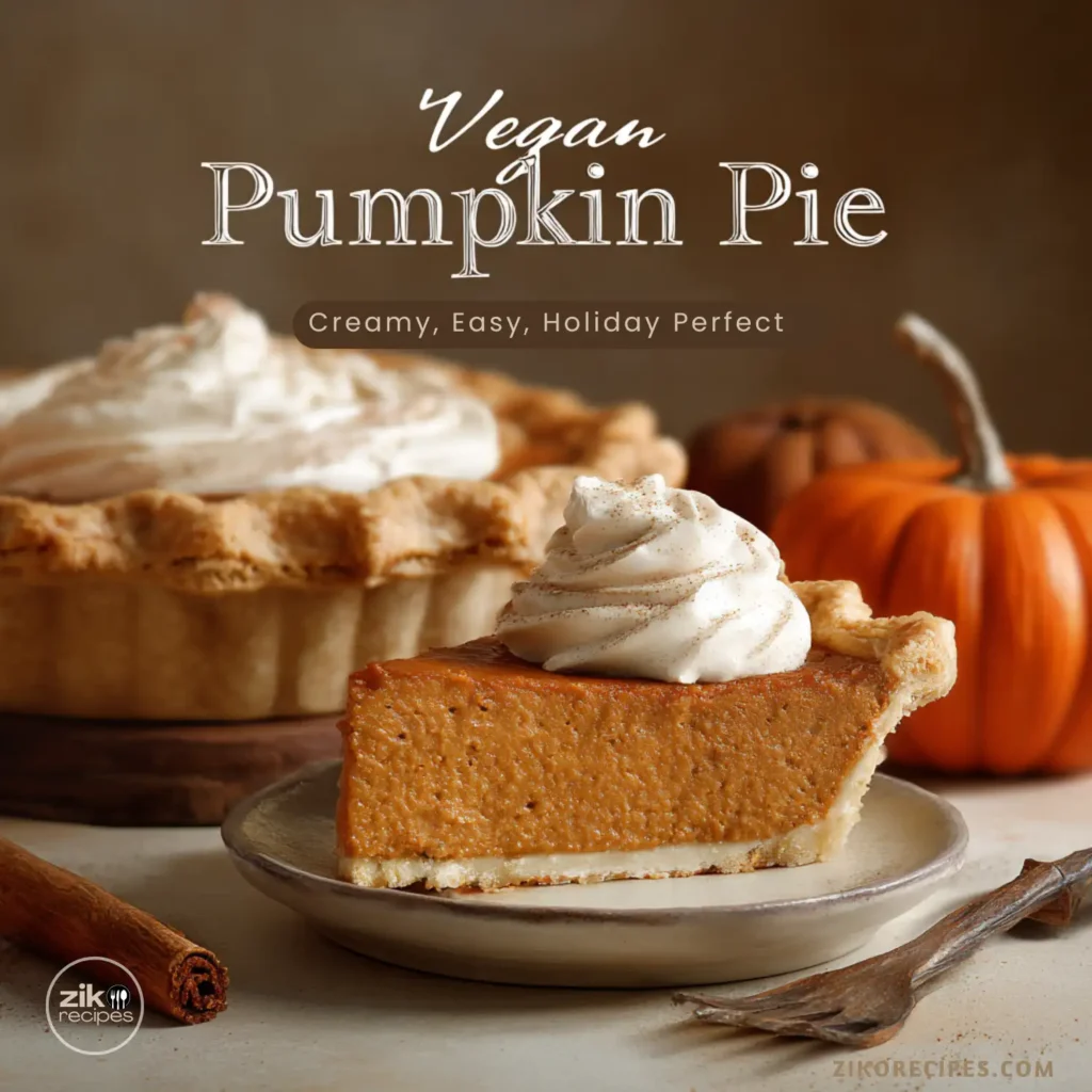 Vertical graphic featuring vegan pumpkin pie slice and whole pie