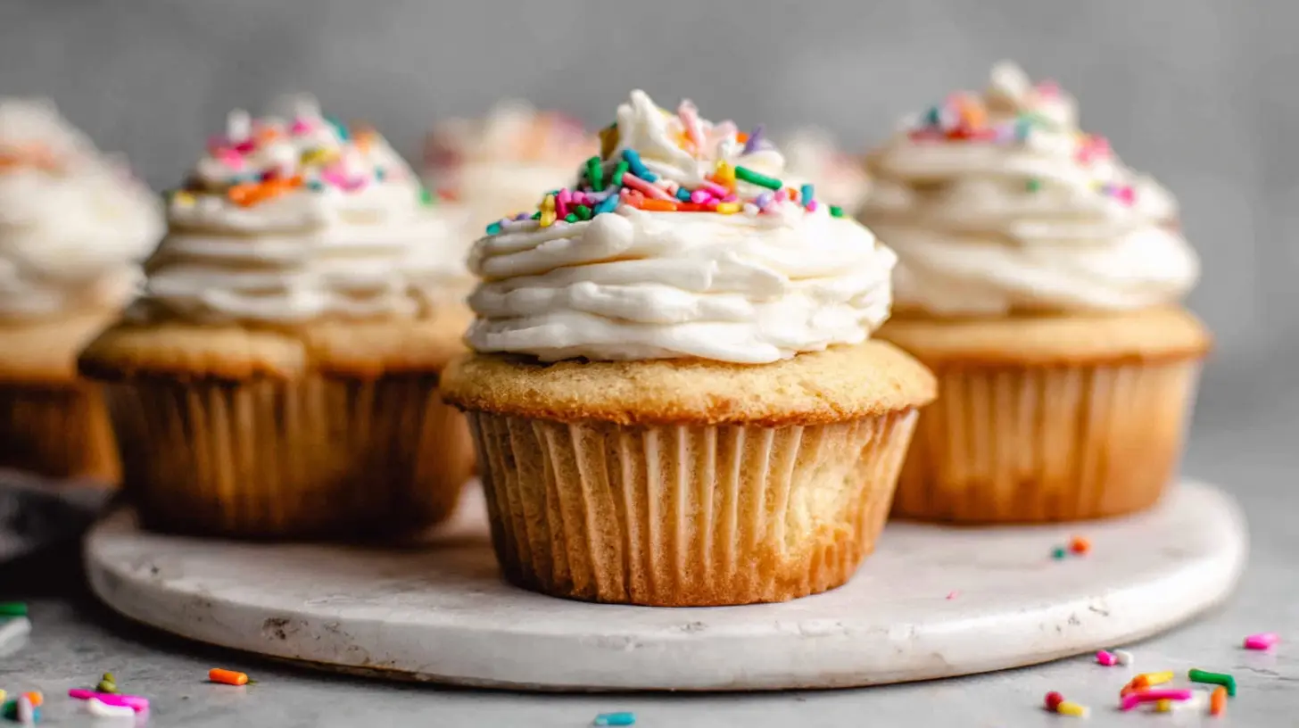 Overhead of 12 frosted vegan vanilla cupcakes on a cooling rack with pastel sprinkles in soft natural light.