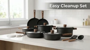 Modern 16-piece nonstick cookware set with pots, pans and lids on a clean kitchen countertop