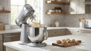 Stand mixer with dough hook mixing thick bread dough on a clean kitchen counter