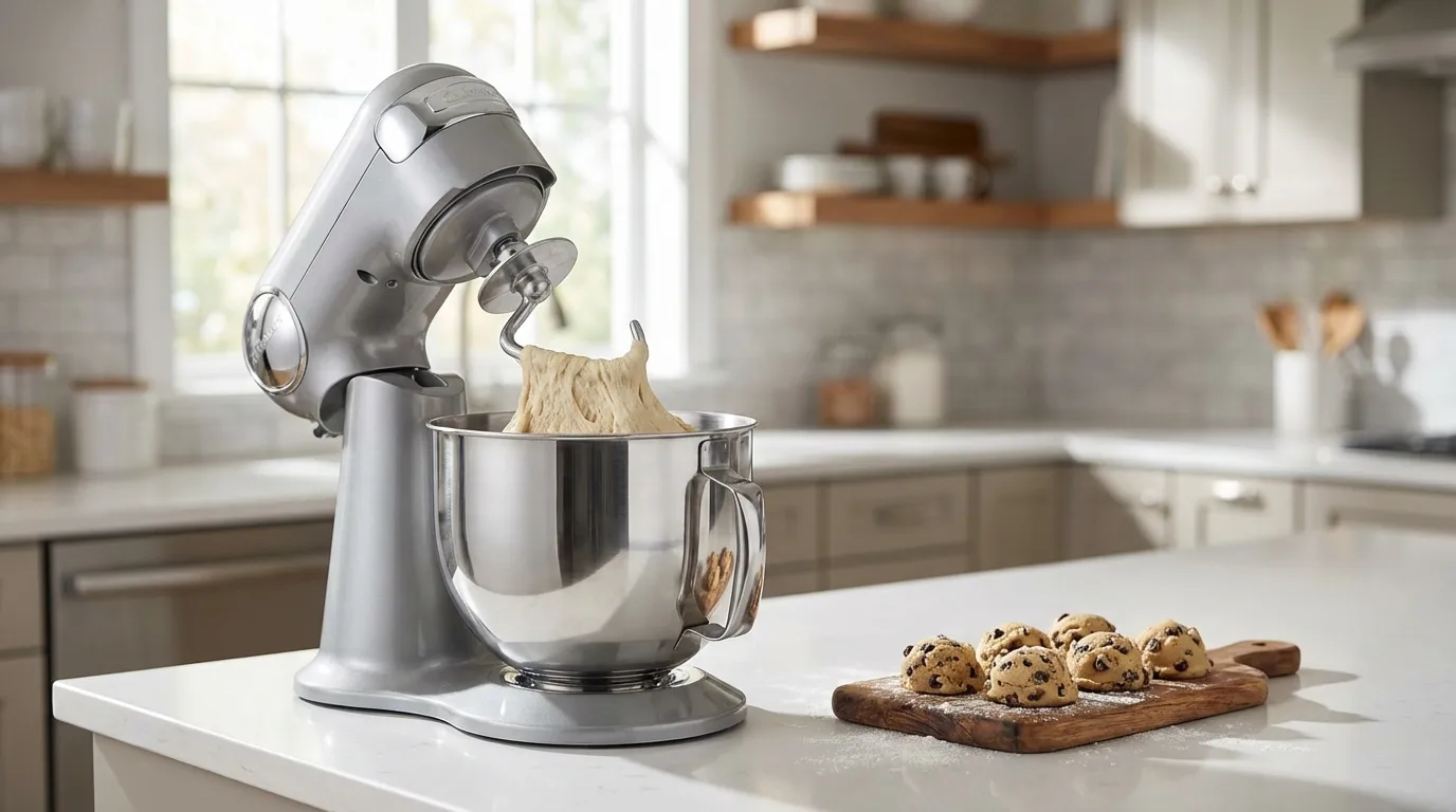 Stand mixer with dough hook mixing thick bread dough on a clean kitchen counter