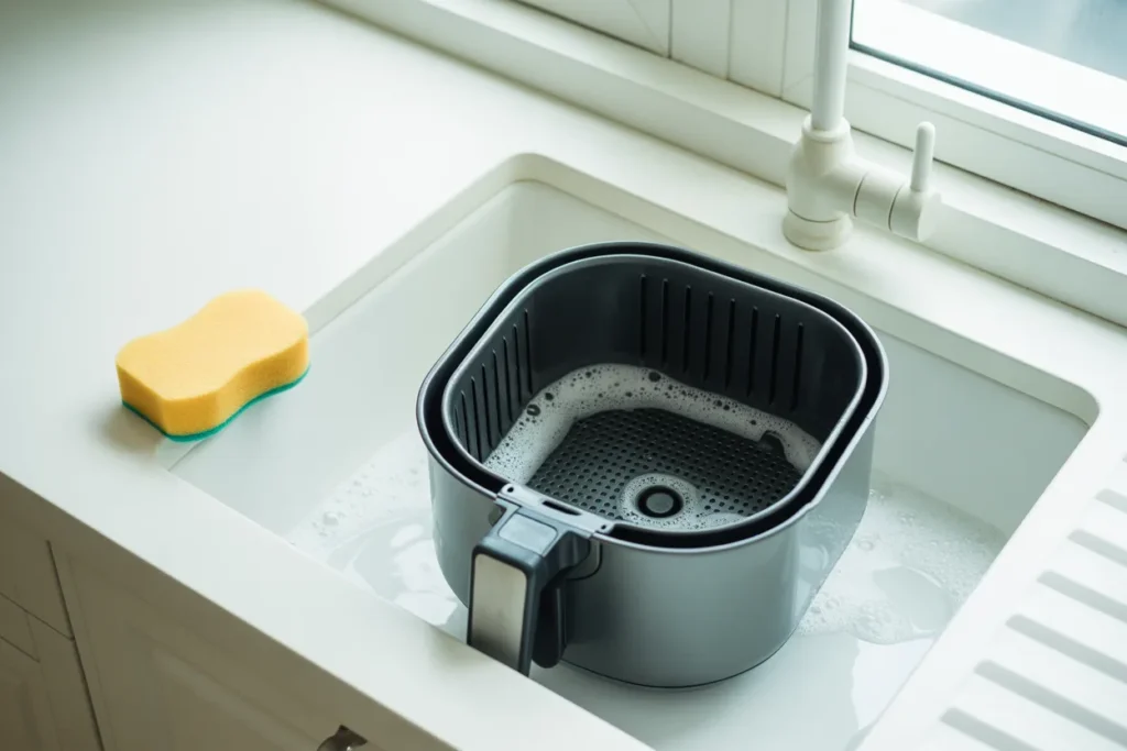 Air fryer basket soaking in a sink for easy cleaning