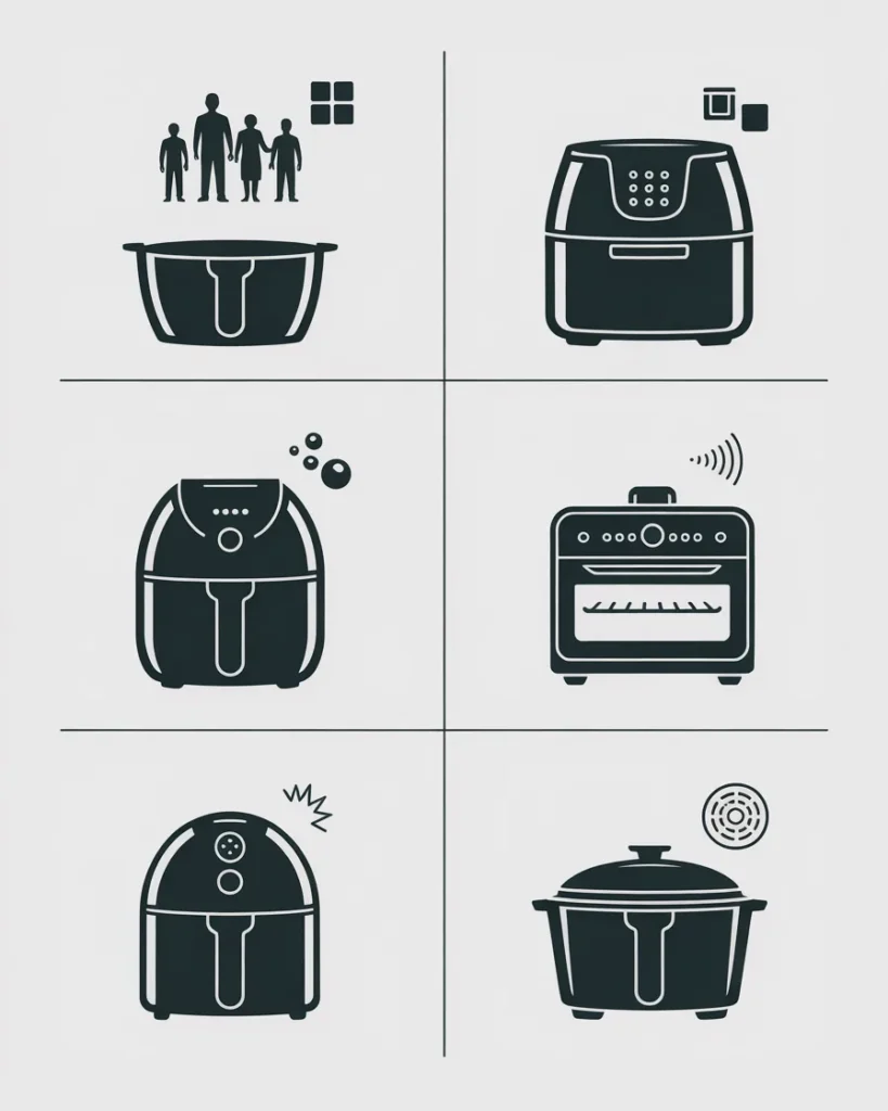 Infographic showing different air fryer types for common needs (family, small kitchen, easy cleaning, quiet, oven combo)