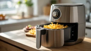 Air fryer basket with crispy fries on a modern kitchen counter