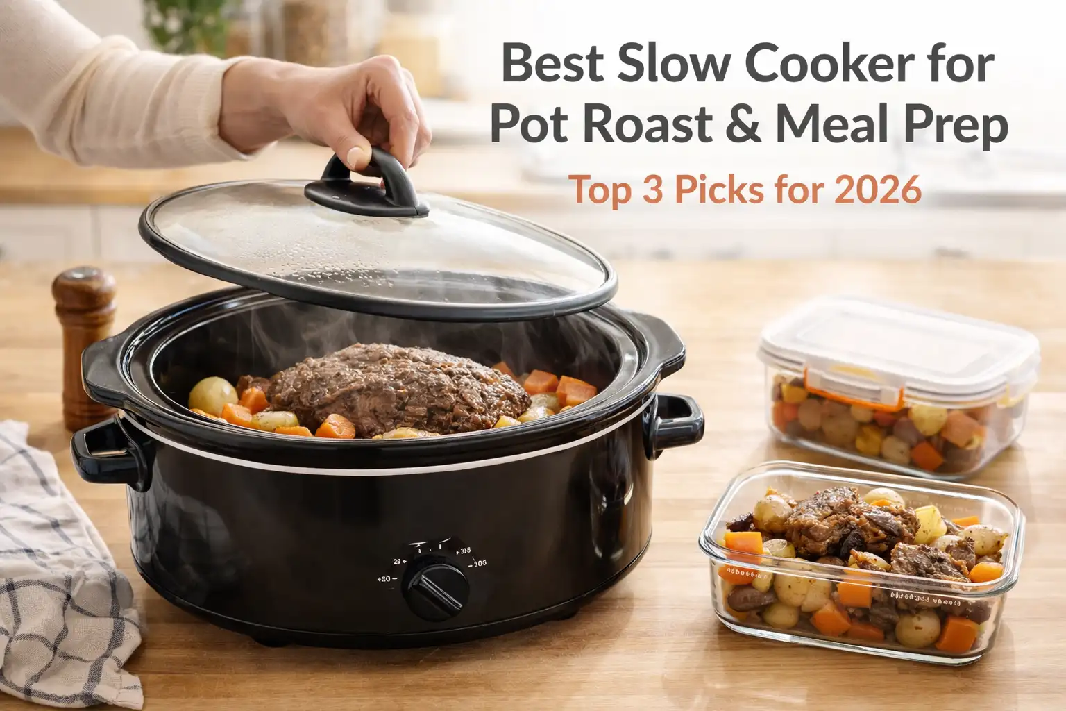 Slow cooker pot roast with carrots and potatoes on a kitchen counter