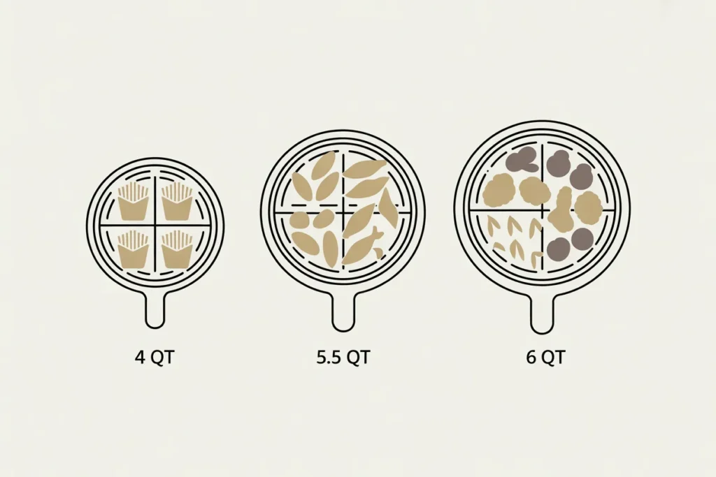 llustration showing practical serving capacity is smaller than advertised air fryer size
