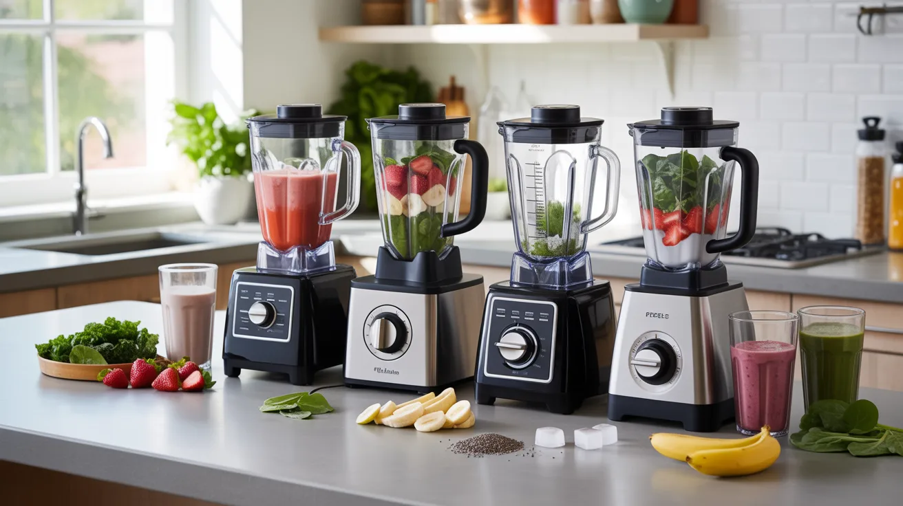 best blenders for smoothies lined up on a kitchen counter with frozen fruit kale ice and protein powder