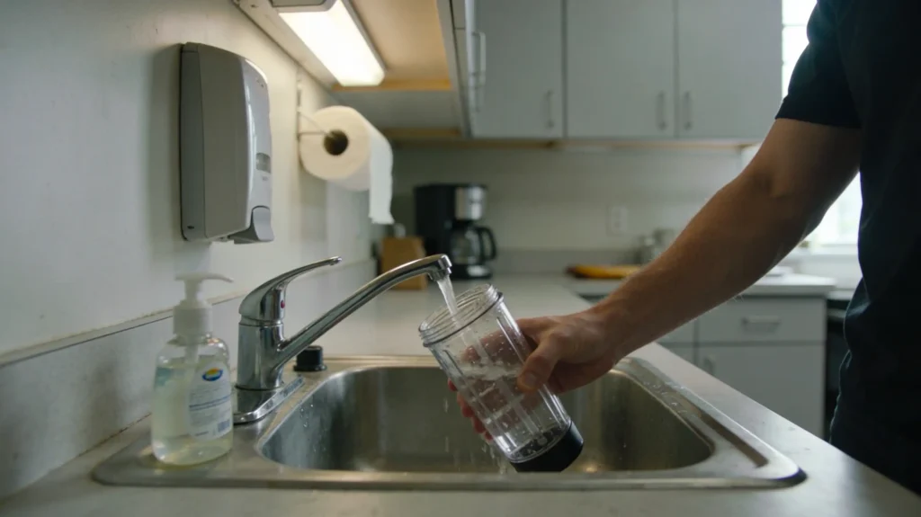 Portable blender being rinsed in a small office breakroom sink after making a smoothie