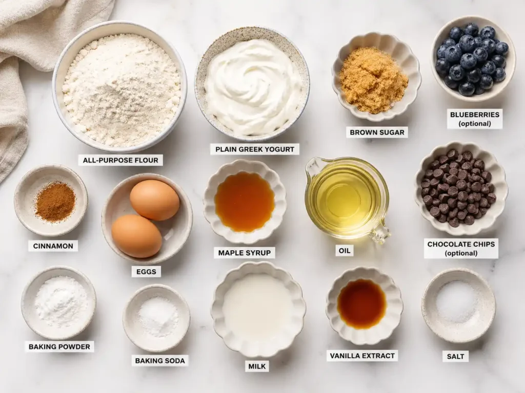 Ingredients for Greek yogurt muffins including flour, Greek yogurt, eggs, maple syrup, milk, and baking powder