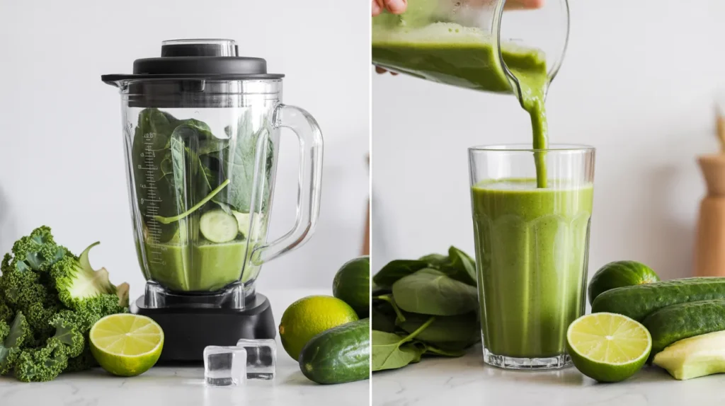 before and after green smoothie test with kale spinach cucumber ice and smooth blended drink