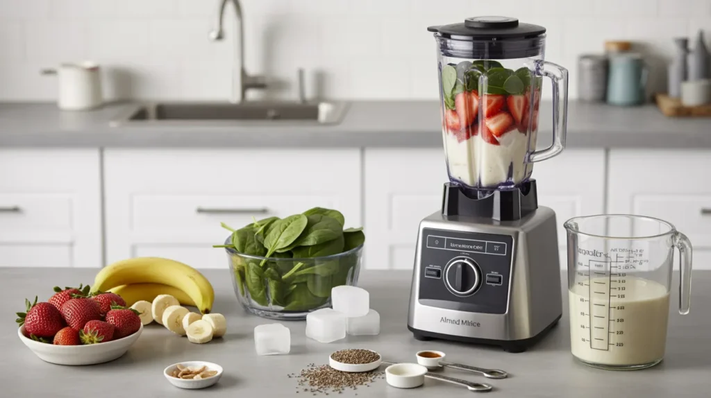 smoothie blender test with frozen strawberries banana spinach ice protein powder and seeds on kitchen counter