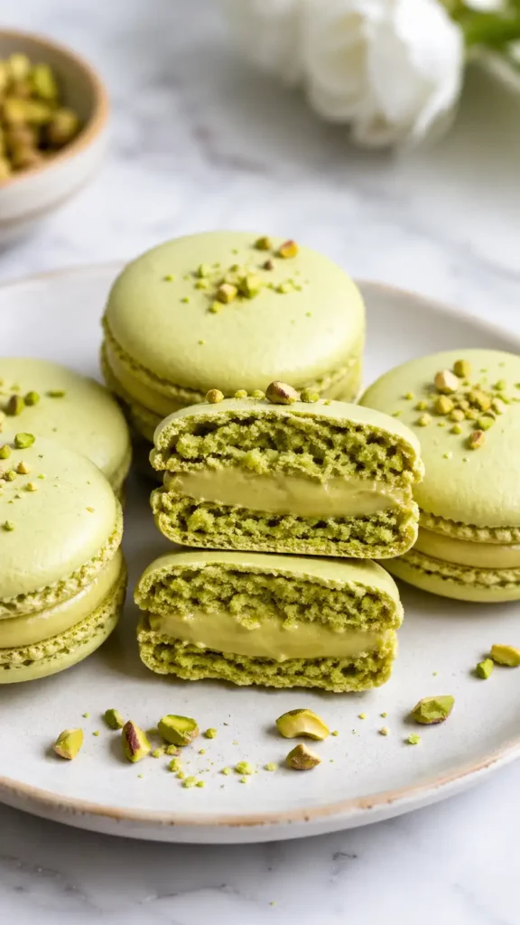 Cross section of pistachio macarons showing chewy interior and creamy filling
