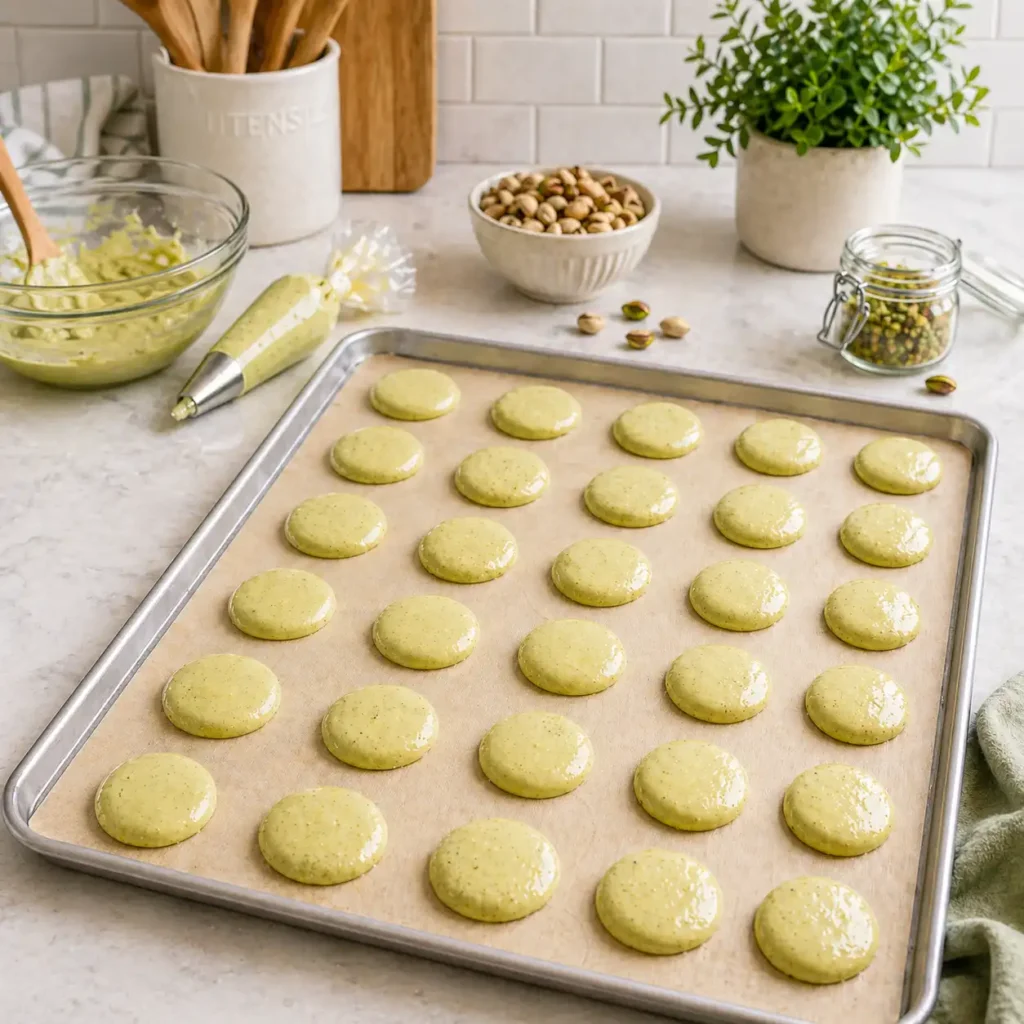 Unbaked pistachio macaron shells piped onto a baking tray