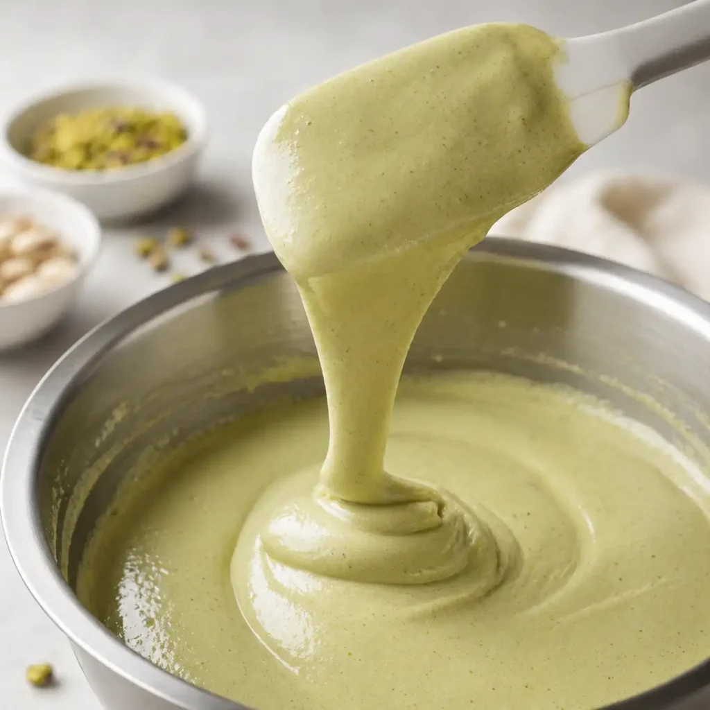 Pistachio macaron batter flowing in a ribbon from a spatula