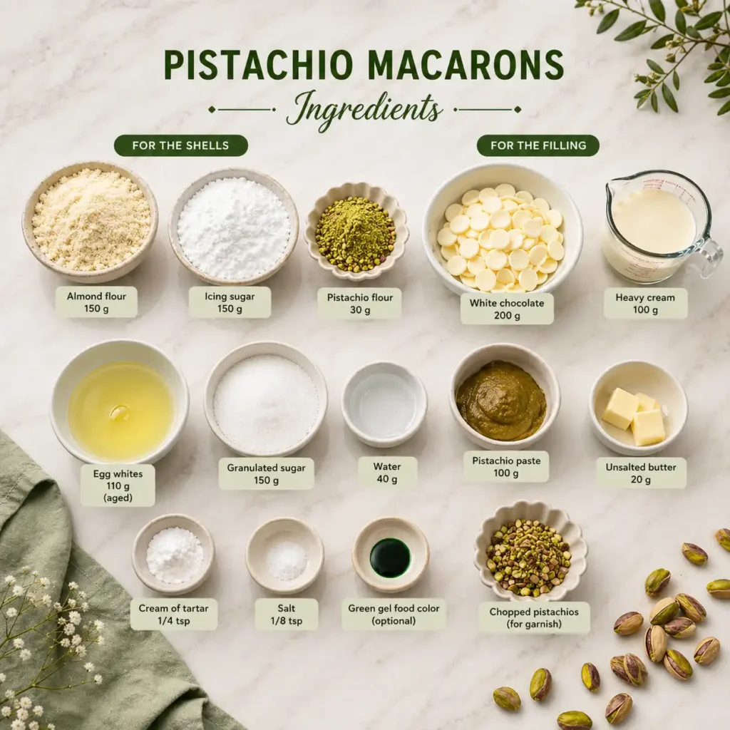 Ingredients for pistachio macarons including almond flour, pistachios, egg whites, sugar, and cream
