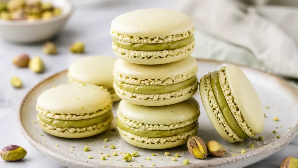 Pistachio macarons with green filling stacked on a plate