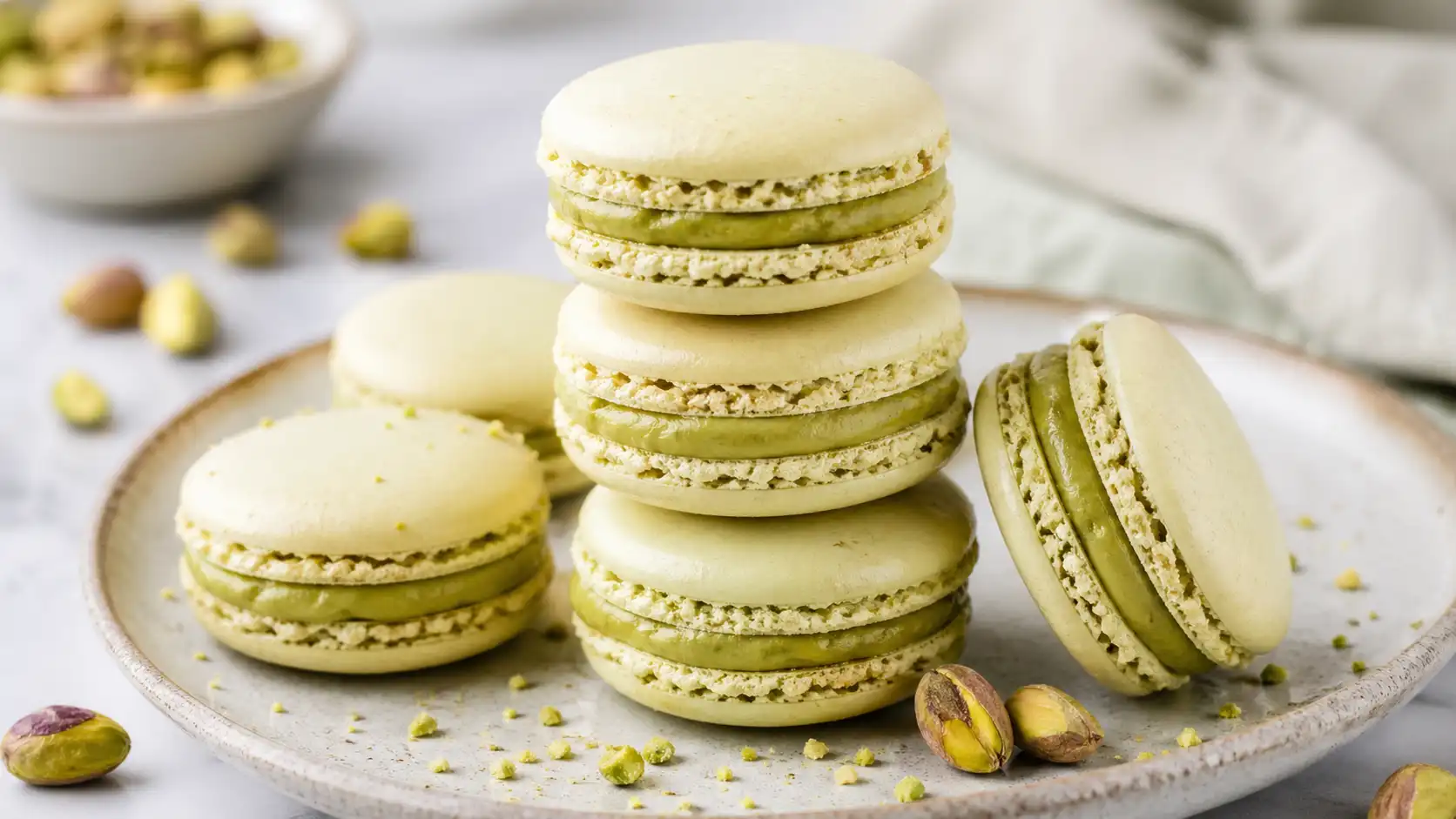Pistachio macarons with green filling stacked on a plate