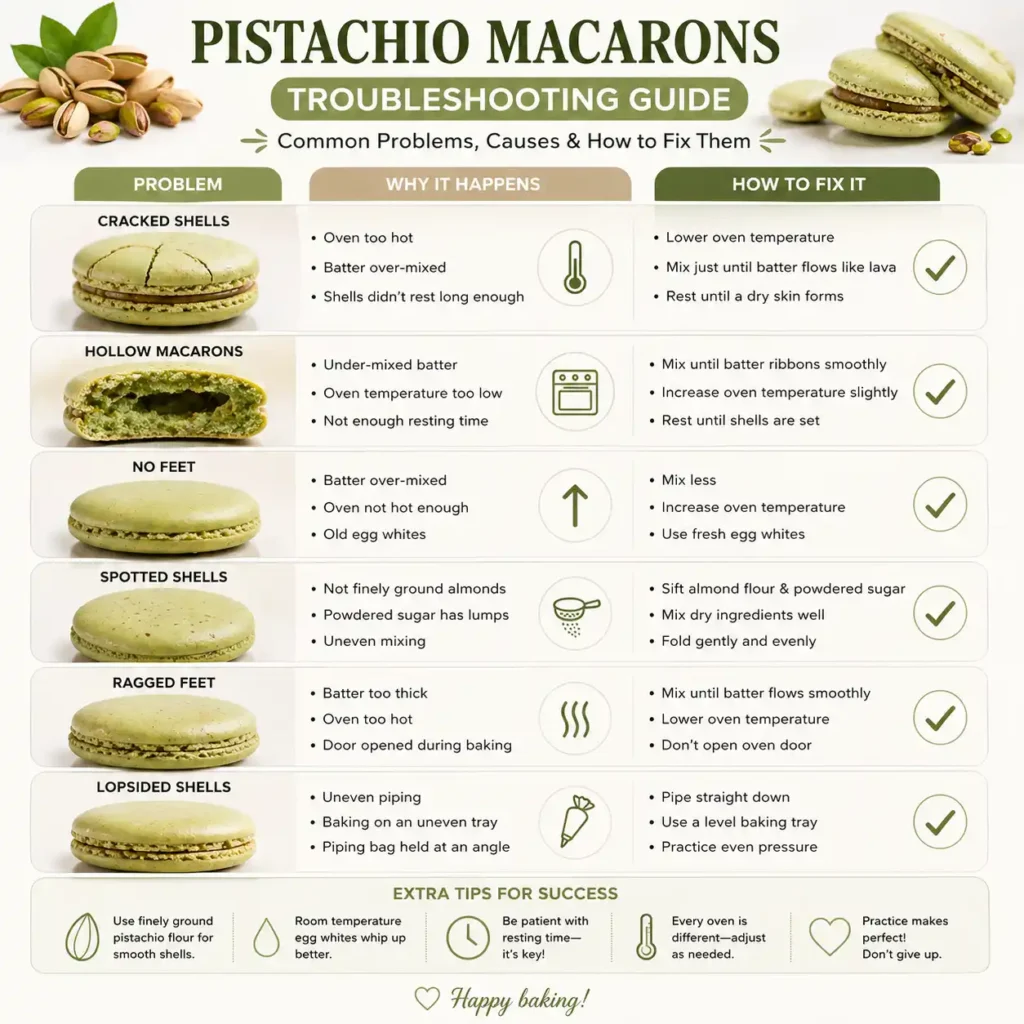 Troubleshooting guide for pistachio macarons with common shell problems
