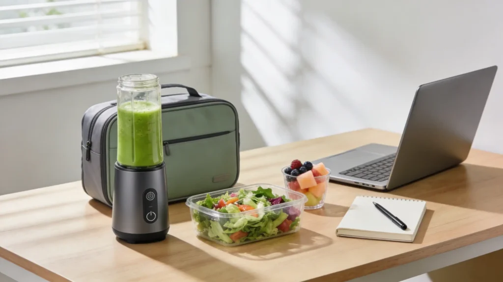 Portable blender packed inside a work tote bag with laptop, notebook, and lunch items