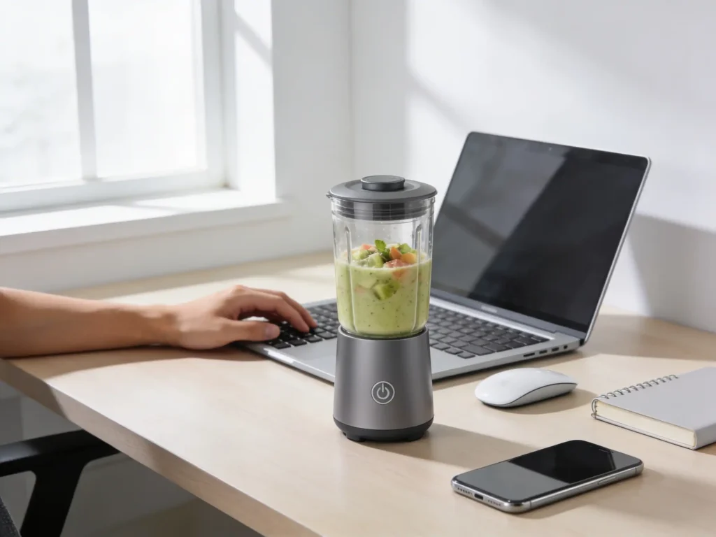 Portable blender beside a laptop during a workday on a clean office desk