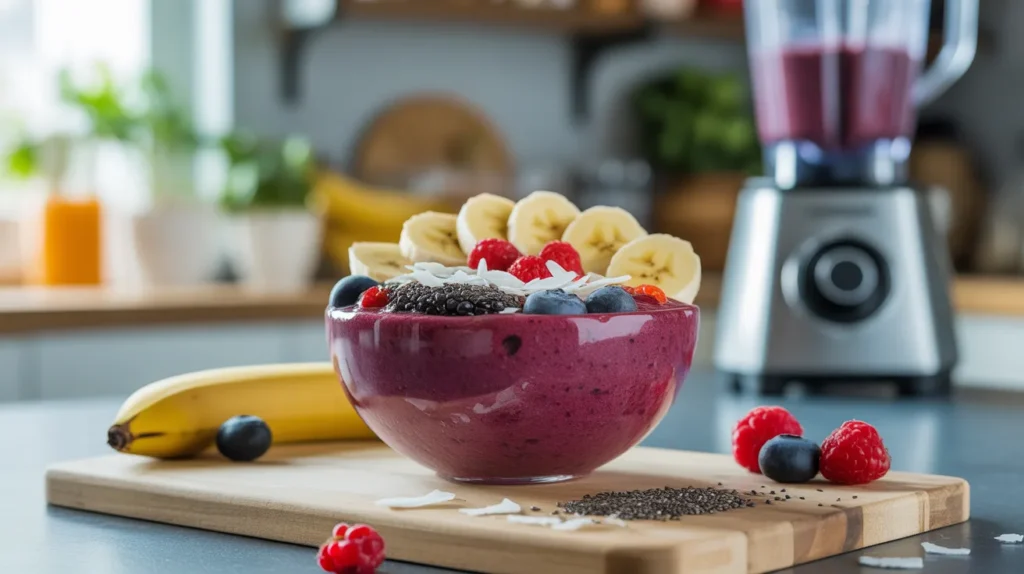 : thick smoothie bowl with frozen berries banana and spoonable texture made in high performance blender