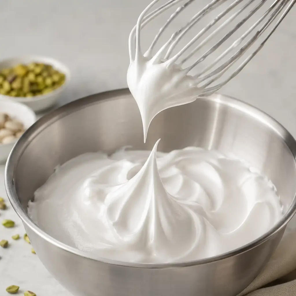 Egg white meringue whipped to stiff peaks for pistachio macarons
