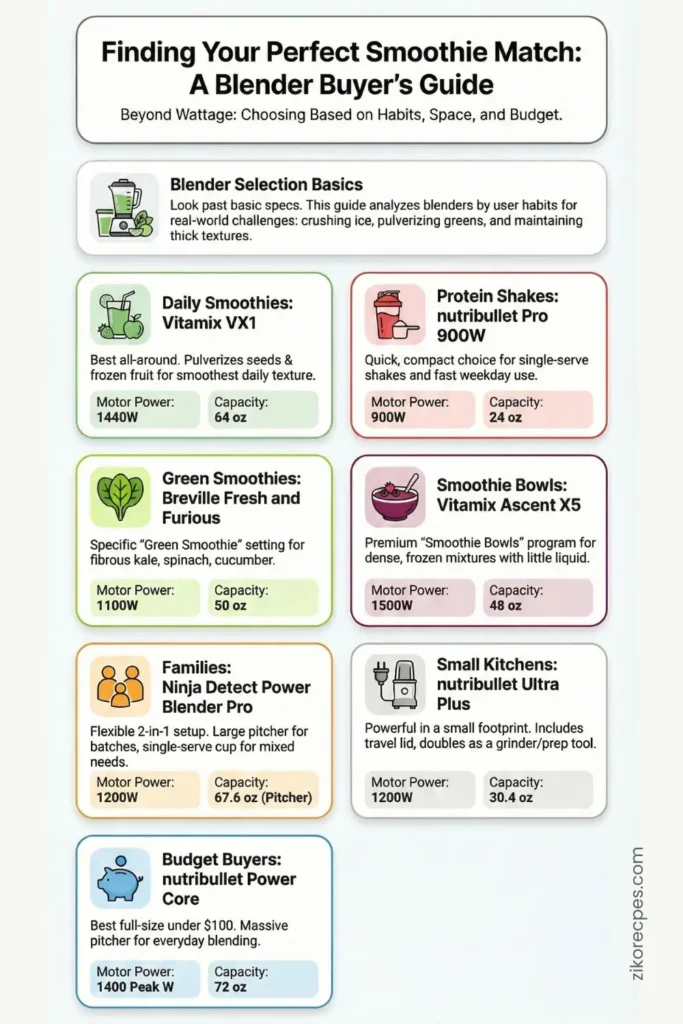 infographic matching smoothie habits to blender types for daily smoothies protein shakes green smoothies bowls families and small kitchens