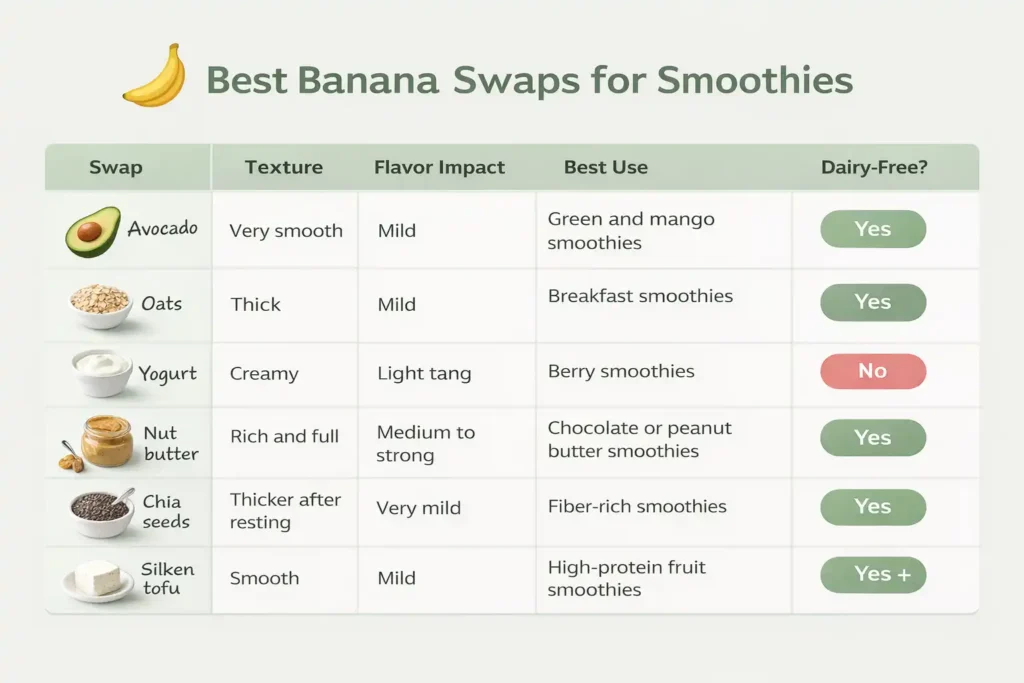 Infographic comparing banana substitutes for smoothies including avocado oats yogurt nut butter and chia seeds