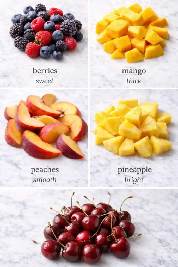 Best fruits for a smoothie without banana including berries mango peaches pineapple and cherries