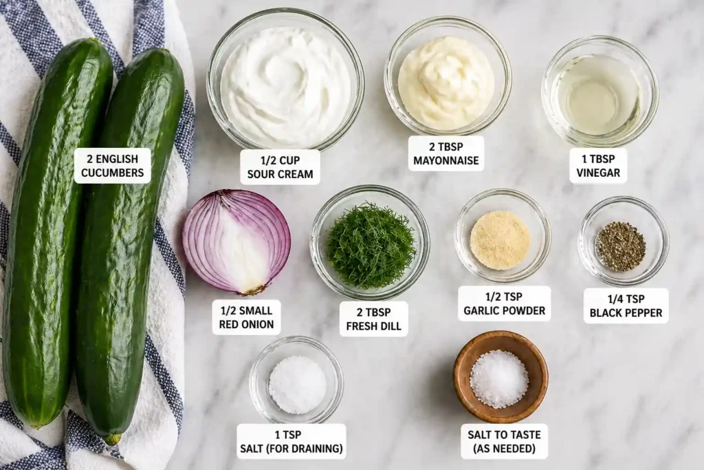 ingredients for creamy cucumber salad with cucumbers sour cream dill and red onion