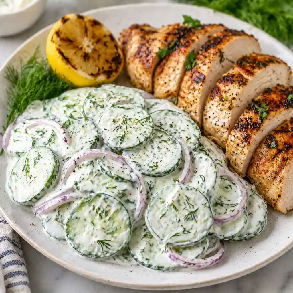 creamy cucumber salad served with grilled chicken
