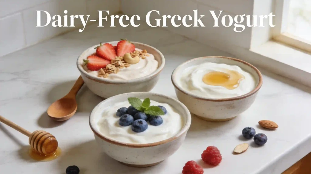 Three rustic bowls of creamy dairy-free Greek yogurt alternatives made from cashew, coconut, and almond bases, topped with fresh berries and granola on a marble counter.