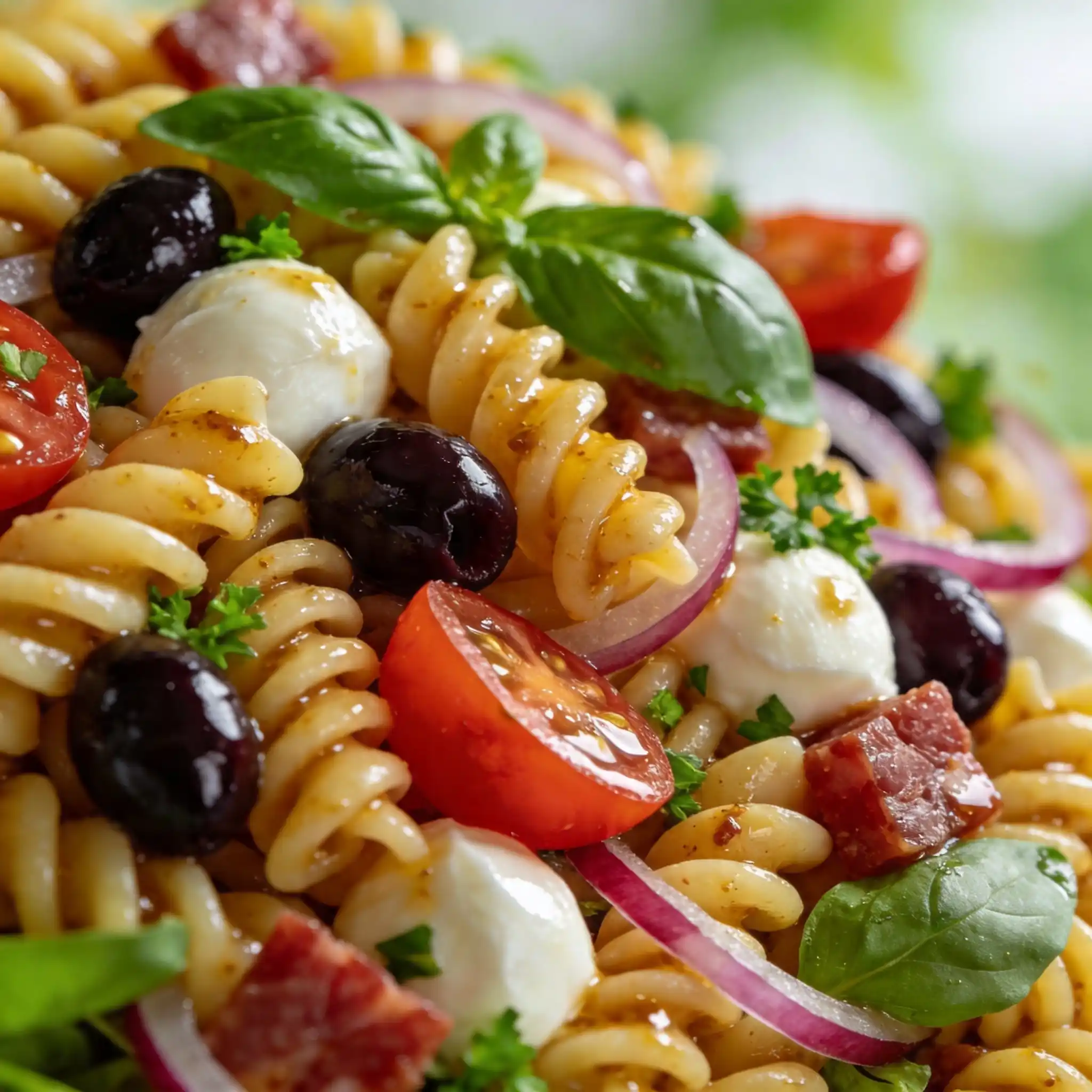 Close-up of easy Italian pasta salad with mozzarella, salami, herbs, and Italian dressing