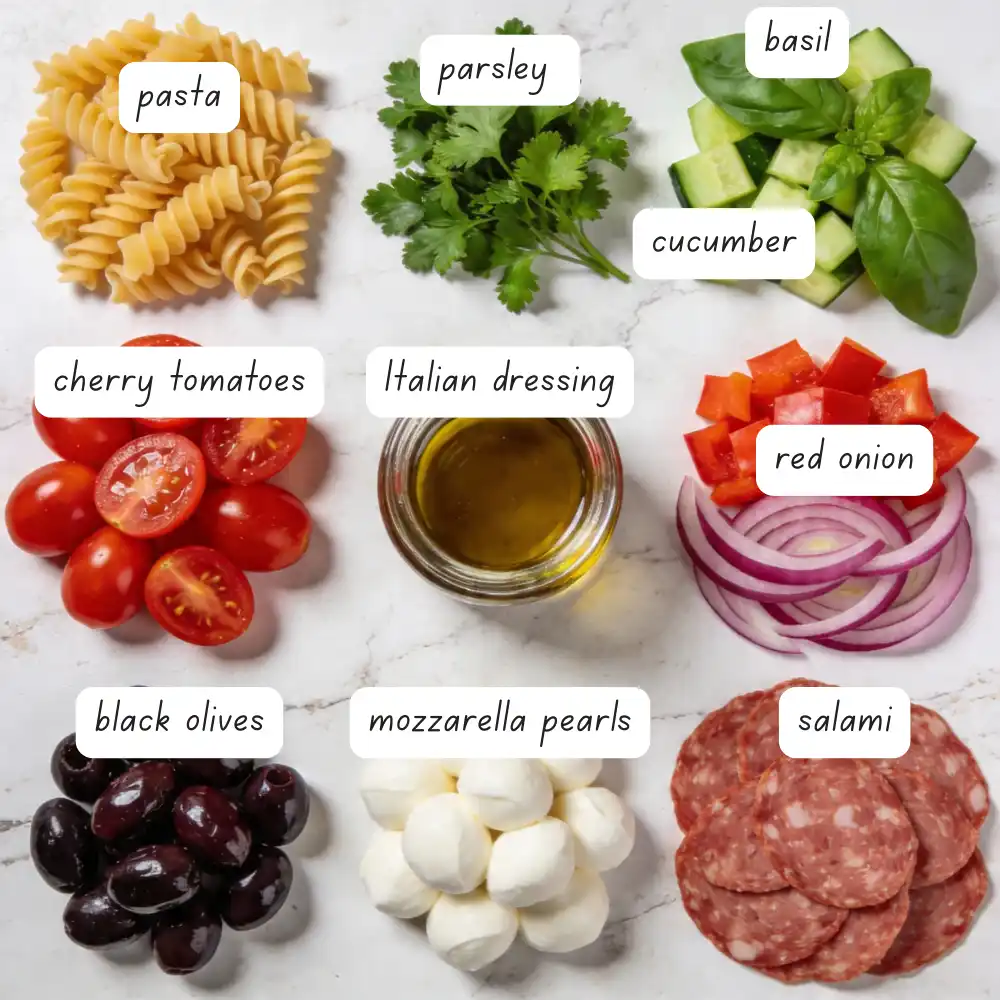 Ingredients for easy Italian pasta salad including rotini, salami, mozzarella, cucumber, tomatoes, olives, and bell pepper
